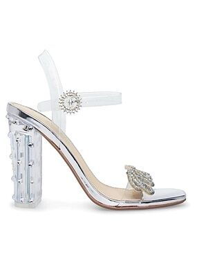 BLUE by BETSEY JOHNSON ~ Silver Lucite 3.5” Block Heels and Bride Glitter Accent